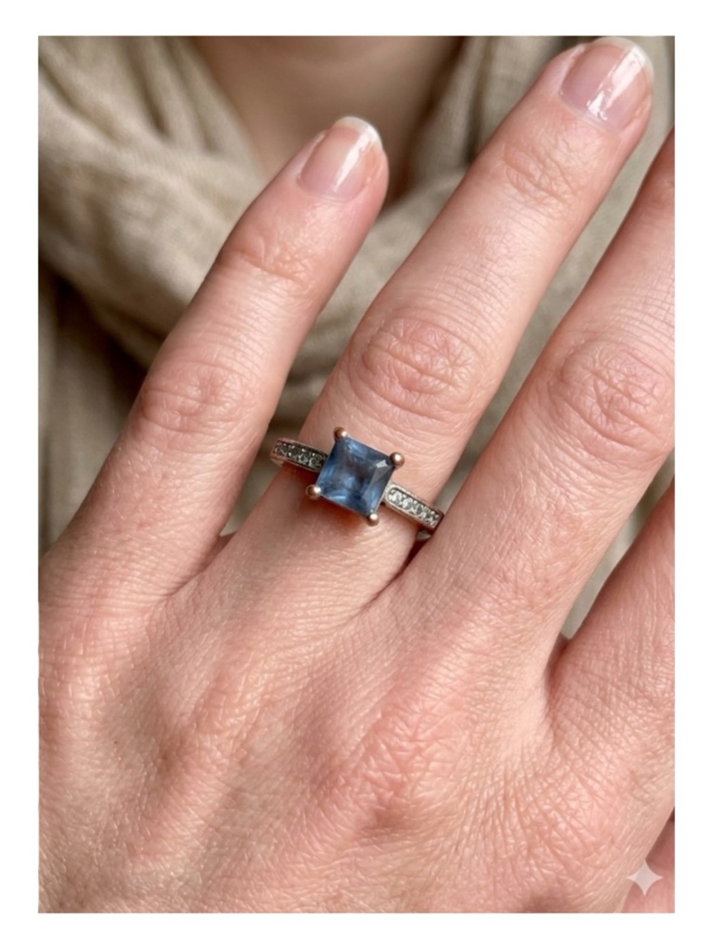 Vintage Blue Asscher Cut Gem With Crystal Stones on Band Size 8.25
